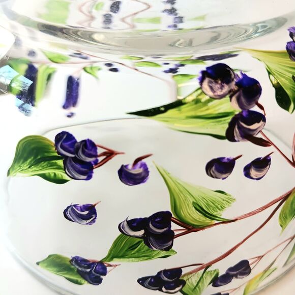 Glass Cheese Pastry Dome Handpainted Blueberry Floral Design With Glass Plate - Picture 8 of 13